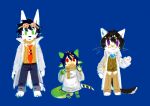  animal_humanoid anthro asnnonaka black_hair black_nose blue_background blue_bottomwear blue_clothing blue_pants bottomwear brown_clothing brown_topwear canid clothed clothing coat denim denim_clothing domestic_cat felid feline felis front_view fur green_body green_eyes group hair humanoid jeans male mammal messy_hair mouth_closed pants purple_eyes red_eyes scalie scalie_humanoid short_hair simple_background simple_eyes standing tan_bottomwear tan_clothing tan_pants topwear trio unsigned whiskers white_body white_clothing white_coat white_fur white_topwear yellow_body yellow_clothing yellow_topwear 