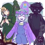  3boys basil_(omori) black_coat black_hair black_sclera black_skin blonde_hair blue_eyes blush closed_eyes coat colored_sclera colored_skin crown_of_thorns facing_viewer green_coat green_hair head_wreath highres hood hood_down hood_up laser-lance looking_at_viewer multiple_boys omori open_mouth overall_shorts overalls purple_coat smile something_(omori) spoilers stranger_(omori) teeth upper_teeth white_skin worried 