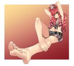  1girl armpits barefoot belt closed_mouth drill_hair eiji_(eiji) facial_mark feet full_body fur_trim highres kyokugen_dasshutsu kyokugen_dasshutsu_adv:_zennin_shibou_desu long_hair looking_at_viewer navel pink_hair shorts smile solo yotsuba_(kyokugen_dasshutsu) 