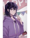  1girl bangs black_hair cake cake_slice closed_mouth commentary drawstring english_commentary food fork hair_between_eyes hand_up highres holding holding_cake holding_food holding_fork holding_plate hood hood_down hoodie long_sleeves looking_at_viewer medium_hair omniscient_reader&#039;s_viewpoint pennant plate purple_eyes purple_hair purple_hoodie solo sooyoung_han string_of_flags upper_body yuugji 