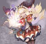  blonde_hair book cagliostro_(granblue_fantasy) commentary_request evil_grin evil_smile from_ivoryedge granblue_fantasy grey_background grin headband highres long_hair magic open_mouth purple_eyes red_skirt shirt simple_background skirt smile smirk spiked_headband thighhighs white_shirt 