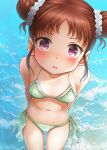  1girl :o arms_behind_back bikini blush breasts brown_hair collarbone double_bun green_bikini hair_bun hair_ornament hair_scrunchie highres idolmaster idolmaster_cinderella_girls looking_at_viewer munakata_atsumi naharyou navel purple_eyes scrunchie small_breasts solo swimsuit 