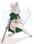  2019 anthro black_nose cape clothing digital_media_(artwork) eyelashes female fur grey_body grey_fur head_tuft hi_res holding_object holding_weapon long_tail mammal melee_weapon mouse mrs._thrushwood_(ridiculouscake) murid murine nervous ridiculouscake rodent solo standing sword tuft weapon 