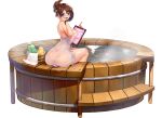  1girl areola_slip ass bangs bathtub battery_indicator blue_eyes blush breasts brown_hair bucket butt_crack clipboard covered_nipples earpiece english_text full_body green_wristband hair_ornament hairclip heart highres holding holding_clipboard huge_ass khan_the_swift large_breasts last_origin looking_at_viewer looking_back median_furrow mole mole_under_mouth mr.yun naked_towel official_alternate_costume official_art open_mouth petals ripples rubber_duck see-through shampoo_bottle shiny shiny_skin short_hair shoulder_blades sideboob simple_background sitting sitting_on_object smile soaking_feet solo steam sweat tachi-e talon_feather_(last_origin) thighhighs towel transparent_background walkie-talkie wet wet_towel white_towel wooden_bucket 