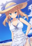  1girl :o absurdres aya_(project_tokyo_dolls) bangs bare_arms bare_shoulders beach bikini bikini_under_clothes blonde_hair blue_bikini blue_eyes blue_sky blurry blurry_background blush breasts brown_headwear cleavage cloud collarbone commentary_request day depth_of_field dress dutch_angle frilled_dress frills hair_between_eyes halterneck hand_on_hip hat highres horizon looking_at_viewer medium_breasts ocean outdoors parted_lips project_tokyo_dolls sand sky solo sun_hat swimsuit tied_dress twintails ugume water white_dress 