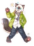  2016 anthro asnnonaka black_scarf blue_eyes bottomwear cheek_tuft clothed clothing dated domestic_cat facial_tuft felid feline felis fluffy fluffy_tail front_view full-length_portrait fur glistening glistening_eyes green_clothing green_jacket green_topwear grey_body grey_fur happy head_tuft hi_res jacket male mammal open_mouth open_smile pants portrait scarf simple_background smile solo standing topwear tuft white_background white_body white_clothing white_fur white_scarf white_topwear 