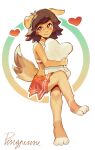  &lt;3 3_toes anthro barefoot black_nose bottomwear brown_eyes canid canine canis clothing domestic_dog feet female fingers floppy_ears fluffy fluffy_tail fur hair hi_res holding_object holding_pillow looking_at_viewer mammal pillow pingpenne short_hair signature sitting skirt smile solo tan_body tan_fur toes 