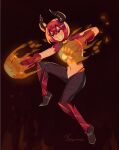  2022 absurd_res action_pose clothed clothing female fingers flaming_fist hair hi_res horn horned_humanoid humanoid not_furry pingpenne pose red_eyes red_hair short_hair signature smile solo 