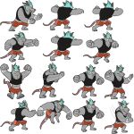  anthro biped brok_the_investigator cowcatgames dart_(brok_the_investigator) grey_body hi_res humanoid_hands jumping male mammal model_sheet multiple_poses murid murine official_art pose punch rat rodent solo video_games 