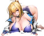  1girl all_fours barefoot blonde_hair blue_gloves blue_one-piece_swimsuit blush breast_rest breasts bumcha character_name choker cleavage collarbone crying defeat fingerless_gloves full_body gloves grey_jacket habetrot_(last_origin) hair_between_eyes hair_bun hair_ornament hairclip highleg highleg_swimsuit huge_breasts injury jacket last_origin looking_at_viewer official_alternate_costume official_art one-piece_swimsuit purple_eyes sidelocks single_hair_bun solo sweat swimsuit swimsuit_under_clothes tears torn_clothes torn_jacket torn_swimsuit transparent_background 