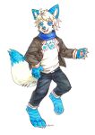  anthro asnnonaka black_bottomwear black_clothing black_pants blue_body blue_ears blue_eyes blue_fur bottomwear brown_clothing brown_topwear canid cheek_tuft clothed clothing facial_tuft front_view full-length_portrait fur glistening glistening_eyes hair hi_res inner_ear_fluff male mammal messy_hair open_mouth open_smile pants portrait short_hair simple_background smile solo standing topwear traditional_media_(artwork) tuft white_background white_body white_clothing white_fur white_hair white_inner_ear_fluff white_topwear 