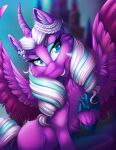  2022 absurd_res blue_eyes braided_hair chest_tuft digital_media_(artwork) equid equine eyebrows eyelashes eyeshadow feathered_wings feathers female feral fur hair hasbro hi_res hooves horn inner_ear_fluff makeup mammal mlp_g5 multicolored_hair my_little_pony mychelle opaline_(mlp) purple_body purple_feathers purple_fur signature smile solo tuft two_tone_hair white_hair winged_unicorn wings 