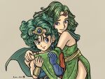  2girls aged_up blue_eyes cape closed_mouth crossover detached_sleeves dragon_quest dragon_quest_iv earrings final_fantasy final_fantasy_iv gloves green_hair hair_ornament heroine_(dq4) highres jewelry long_hair looking_at_viewer multiple_girls rydia_(ff4) simple_background single_glove slime_(dragon_quest) smile yuto_sakurai 