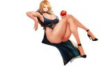  1girl apple blonde_hair breasts choker cleavage clothing_cutout crossed_legs dress food fruit full_body grin high_heels highres jam_(nandade) large_breasts last_origin long_hair looking_at_viewer navel_cutout no_panties official_alternate_costume official_art queen_of_mane side_slit simple_background smile solo tachi-e transparent_background yellow_eyes 
