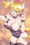  absurd_res alternate_species animal_humanoid big_breasts blonde_hair bowser breasts cleavage clothed clothing collar crossgender female hair hi_res humanoid humanoidized koopa_humanoid legwear mario_bros mtf_crossgender nintendo scalie scalie_humanoid solo spiked_collar spikes supersatanson thigh_highs video_games 