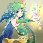  1girl aged_up breasts cape closed_mouth dated detached_sleeves earrings final_fantasy final_fantasy_iv green_eyes green_hair hair_ornament highres jewelry long_hair looking_at_viewer ring rydia_(ff4) simple_background smile solo 