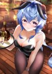  1girl absurdres ahoge alcohol animal_ears ass_visible_through_thighs bangs blue_hair blush breasts brown_pantyhose cleavage collarbone cowboy_shot fake_animal_ears ganyu_(genshin_impact) genshin_impact glass highres horns indoors liquor long_hair looking_at_viewer medium_breasts pantyhose playboy_bunny purple_eyes rabbit_ears raramente sidelocks solo thigh_gap tray 