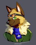 2017 anthro artist_name asnnonaka black_nose blue_scarf brown_body brown_ears brown_fur bust_portrait canid cheek_tuft clothed clothing dated facial_tuft front_view fur glistening glistening_eyes green_clothing green_eyes green_topwear grey_background head_tuft male mammal neck_tuft portrait scarf signature simple_background solo topwear tuft yellow_body yellow_fur 