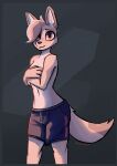  2022 anthro black_background bottomwear canid canine canis clothed clothing covering covering_breasts digital_media_(artwork) enginetrap female fur hi_res jackal light lighting looking_at_viewer mammal portrait shaded shorts simple_background solo standing syl_(enginetrap) tan_body tan_fur three-quarter_portrait topless 
