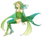  1girl aged_up breasts cleavage closed_mouth detached_sleeves earrings final_fantasy final_fantasy_iv full_body green_hair highres jewelry long_hair looking_at_viewer rydia_(ff4) simple_background smile solo thighhighs white_background 