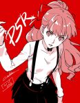  1girl black_skirt bow bowtie long_hair monochrome persona persona_5 persona_5_the_royal ponytail red_background red_eyes red_hair shirt signature skirt solo suspenders werkbau white_shirt writing yoshizawa_kasumi 