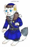  2016 ambiguous_gender anthro asnnonaka blue_clothing blue_coat blue_eyes blue_hat blue_headwear blue_topwear cheek_tuft clothed clothing coat dated ear_piercing eyebrow_through_hair eyebrows facial_tuft front_view full-length_portrait fur glistening glistening_eyes grey_body grey_clothing grey_fur grey_kerchief grey_neckerchief grey_tail grey_topwear hair hat headgear headwear kerchief messy_hair neckerchief open_mouth open_smile piercing pink_nose pink_tongue portrait short_hair signature simple_background smile solo species_request standing teeth tongue topwear translucent translucent_hair tuft white_background white_body white_fur white_hair white_tail 