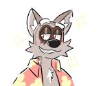  aloha_shirt anthro arched_eyebrow blush clothing eyebrows fur grey_body grey_fur grin horntfrog male mammal mature_male pattern_clothing pattern_shirt pattern_topwear procyonid raccoon shirt smile solo sparkles thick_eyebrows topwear video_in_description 