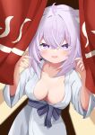  1girl absurdres ahoge animal_ear_fluff animal_ears blush breasts cat_ears cat_girl cleavage commentary highres hololive japanese_clothes large_breasts looking_at_viewer minilotte nekomata_okayu open_mouth purple_eyes purple_hair short_hair smile solo virtual_youtuber 
