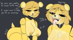  2022 animatronic anthro bear_tail big_breasts black_sclera blonde_hair blush blush_lines bodily_fluids breasts cum cum_in_mouth cum_inside cum_on_breasts cum_on_ear cum_on_eye cum_on_face cum_on_neck cum_on_snout cum_on_tongue dialogue digital_drawing_(artwork) digital_media_(artwork) english_text fangs female five_nights_at_freddy&#039;s freckles genital_fluids golden_freddy_(fnaf) hair hi_res horny leaning leaning_forward looking_up machine mammal nipples nude pupils question question_mark robot scottgames smile solo speech_bubble teeth text thick_thighs tongue ursid video_games void_eyes white_pupils yellow_body zhenai 