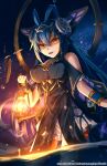  absurdres antenna_hair bare_shoulders black_dress blue_hair breasts butterfly_hair_ornament cleavage_cutout clothing_cutout crown dragalia_lost dress from_below hair_ornament halo highres holding holding_lantern lantern large_breasts light_smile long_hair looking_at_viewer night night_sky origa_(dragalia_lost) pelvic_curtain ryo-suzuki sharp_teeth sky star_(sky) teeth thighhighs thighs very_long_hair watermark wrist_cuffs yellow_eyes 