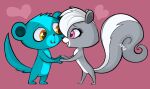  &lt;3 2014 big_tail biped black_nose blue_body digital_media_(artwork) duo eyelashes female feral grey_body hair hand_holding hasbro herpestid littlest_pet_shop long_tail male mammal mephitid mniiv mongoose multicolored_body pepper_clark pink_background pink_eyes pink_nose semi-anthro simple_background skunk smile standing sunil_nevla two_tone_body white_hair yellow_eyes 