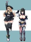  2girls absurdres akitsu_maru_(kancolle) akitsu_maru_kai_(kancolle) akitsu_maru_kai_(kancolle)_(cosplay) american_flag american_flag_legwear asymmetrical_legwear black_eyes black_hair black_headwear black_jacket black_skirt black_thighhighs blonde_hair blue_eyes breasts cosplay costume_switch front-tie_top full_body garter_straps gloves hat highres iowa_(kancolle) iowa_(kancolle)_(cosplay) jacket k_(shiganai_shakaijin) kantai_collection large_breasts military military_hat military_uniform miniskirt mismatched_legwear multiple_girls peaked_cap pleated_skirt short_hair skirt standing standing_on_one_leg star-shaped_pupils star_(symbol) striped striped_thighhighs symbol-shaped_pupils thighhighs uniform vertical-striped_thighhighs vertical_stripes white_gloves 