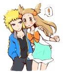  ! 1boy 1girl arm_around_shoulder blonde_hair blue_eyes blush brown_eyes collarbone commentary dress hair_bobbles hair_ornament hanasaki_(1470267) hand_in_pocket jasmine_(pokemon) light_brown_hair looking_at_another pokemon pokemon_(game) pokemon_dppt pokemon_hgss simple_background standing volkner_(pokemon) white_background 