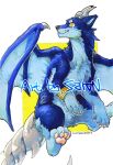  2017 anthro asnnonaka black_nose blue_body blue_ears blue_fur blue_wings butt_tuft canid chest_tuft claws closed_smile crotch_tuft dated dragon fangs featureless_crotch fur furred_dragon glistening glistening_eyes grey_horn grey_tail horn hybrid male mammal membrane_(anatomy) membranous_wings mouth_closed neck_tuft pawpads pink_pawpads signature simple_background solo tuft white_claws wing_claws wings yellow_eyes 