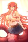  1girl :d bangs belt black_skirt breasts brown_belt cleavage collarbone commentary crunchobar fangs groin hair_between_eyes hair_ornament hairclip highres lamia large_breasts long_hair looking_at_viewer midriff miia_(monster_musume) monster_girl monster_musume_no_iru_nichijou navel open_mouth pleated_skirt pointy_ears red_hair scales shirt short_sleeves sidelocks skirt slit_pupils smile solo standing tail tied_shirt yellow_eyes yellow_shirt 