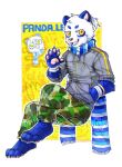  2017 abstract_background anthro asnnonaka barefoot blue_body blue_ears blue_fur blue_scarf border bottomwear clothed clothing dated feet full-length_portrait fur gesture giant_panda glistening glistening_eyes green_bottomwear green_clothing green_pants grey_clothing grey_jacket grey_topwear head_tuft jacket looking_at_viewer male mammal open_mouth open_smile pants pattern_clothing pattern_scarf pawpads pink_pawpads portrait scarf signature smile solo striped_clothing striped_scarf stripes topwear tuft ursid waving waving_at_viewer white_body white_border white_fur white_scarf yellow_eyes 