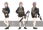  1girl absurdres black_shirt brown_eyes brown_hair camouflage camouflage_shorts collarbone earrings grey_background gun hair_ornament hairclip hand_in_pocket highres holding holding_gun holding_weapon jewelry long_hair long_sleeves mole mole_under_mouth multiple_views original profile puffy_long_sleeves puffy_sleeves shirt short_shorts shorts standing two-tone_background utsuda weapon weapon_request white_background 