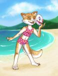  2022 absurd_res anthro beach bikini bikini_shorts clothing domestic_cat felid feline felis female fur hi_res mammal mask mask_off midriff navel p1ngu1ne pink_bikini_bottom pink_bikini_top polka_dot_bikini sand seaside solo swimwear tan_body tan_fur tankini white_body white_fur yellow_eyes 