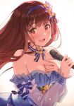  1girl bangs bare_shoulders blunt_bangs blush breasts brown_eyes brown_hair character_request cleavage collarbone copyright_request hairband highres holding holding_microphone large_breasts lips long_hair long_sleeves looking_at_viewer microphone narumi_nanami open_mouth smile solo 