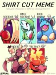  2021 absurd_res anthro black_eyes blue_body blue_ears breasts brown_body brown_ears claws emanata english_text gardevoir generation_1_pokemon generation_3_pokemon green_body green_hair hair hair_over_eye half-closed_eyes hi_res humanoid jynx lips meme narrowed_eyes nidoqueen nintendo one_eye_obstructed open_mouth pokemon pokemon_(species) red_eyes shirt_cut_meme taplaos text tongue video_games white_body yellow_body 