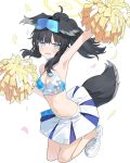  1girl animal_ears arm_up bangs black_hair blue_archive blue_eyes blush breasts cheerleader cleavage clothes_writing commentary confetti crop_top dog_ears dog_girl dog_tail full_body goggles goggles_on_head halo hibiki_(blue_archive) hibiki_(cheerleader)_(blue_archive) highres holding holding_pom_poms jumping long_hair looking_at_viewer medium_breasts open_mouth pleated_skirt pom_pom_(cheerleading) ponytail shoes simple_background skirt sneakers solo star_(symbol) sticker sticker_on_face tail wasabi60 white_background white_footwear 