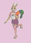  2022 absurd_res anthro biped bottomwear carrot clothing crop_top dotted_background female food fur green_eyes hi_res holding_carrot holding_food holding_object holding_vegetable lagomorph leporid mammal midriff p1ngu1ne pattern_background plant rabbit scut_tail shirt short_tail shorts simple_background smile solo tan_body tan_fur topwear vegetable 