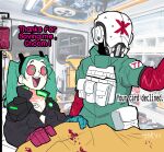  absurdres ambulance ammunition_pouch blood blood_bag cyberpunk_(series) cyberpunk_edgerunners english_text green_hair helmet highres jacket japvs medic multicolored_eyes open_mouth photo_background pouch rebecca_(cyberpunk) tattoo trauma_team_(cyberpunk) 