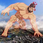  1boy abs artist_logo artist_name bara barefoot beard biceps black_hair bulge city cloud cloudy_sky duran_(gyee) facial_hair giant gyee kneeling large_pectorals leomon32 looking_at_viewer male_focus male_swimwear manly mature_male mountain muscular muscular_male nipples outdoors pectorals scar signature sky smile solo spiked_hair sunlight swim_briefs thick_arms thick_eyebrows thick_thighs thighs veins wet wet_clothes 