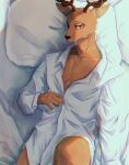  anthro beastars bed_sheet bedding cervid clothing hi_res louis_(beastars) lying male mammal moonpearl pillow shirt solo topwear unbuttoned_shirt 