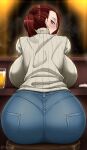 1girl alcohol ass ayako_(twrlare) backboob bangs bar bar_stool beer blush breasts denim food from_behind highres huge_ass huge_breasts jeans looking_at_viewer looking_back mature_female original pants ponytail purple_eyes red_hair sitting solo stool sushi sweat tight twrlare 