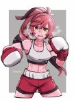  1girl amazu_(kurozu) bangs bare_shoulders boxing_gloves breasts cleavage collarbone cropped_legs grey_background hair_between_eyes heavy_breathing long_hair mari_(amazu) medium_breasts navel open_mouth original ponytail red_hair red_shorts short_shorts shorts solo sweat two-tone_background very_long_hair white_background yellow_eyes 