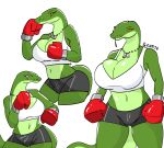  anthro big_breasts box boxing_gloves breasts clothing container dog_tags eye_scar facial_scar female handwear hi_res looking_at_viewer python reptile scalie scar skwmt4 snake solo thick_thighs 
