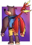  2021 alpha_channel anthro avian backpack banjo-kazooie banjo_(banjo-kazooie) beak bird bottomwear breegull brown_body brown_fur clothing duo feathers female feral fur green_eyes head_tuft hi_res judging kazooie male mammal pants potoobrigham purple_background rareware red_body red_feathers simple_background simple_eyes tongue tongue_out tuft ursid video_games yellow_body yellow_bottomwear yellow_clothing yellow_feathers yellow_pants 