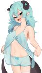  animal_humanoid belly blue_hair blush breasts clothing dragon dragon_humanoid fangs female hair hi_res humanoid humanoid_pointy_ears open_mouth panties smile solo tail toned_stomach underwear yoako 